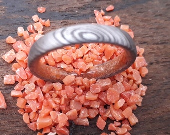 3mm Damascus Steel Ring: Natural Red Coral Woman's Wedding Band