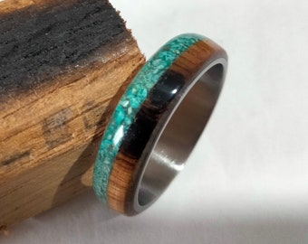 Mens wedding band, Titanium Ring Recycled Whiskey Wood and Natural Turquoise Stone on Outside of Band, Unique Hypoallergenic
