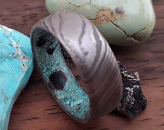 Damascus Steel Wedding Band: Turquoise & Black Tourmaline Raw Stone Inlay