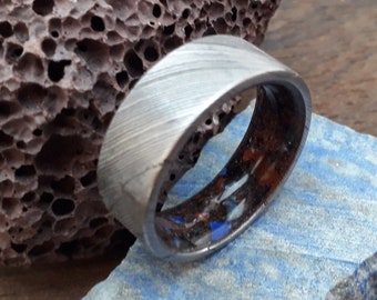 Handmade Damascus Steel Ring: Lava Rock & Lapis Lazuli Inlay