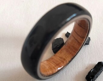Gift for mens, Black wedding rings, Women proposal band, Natural Tourmaline stone rings, White Oak wood rings, His and hers cool round rings