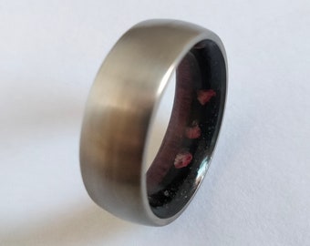 Titanium band with Purple heart wood and a mix of Black Tourmaline and Coral inside the ring / Unique mens wedding band, Womens rings