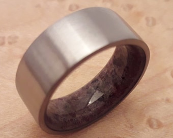 Titanium Wedding Ring: Raw Garnet Stone, Square Band, Unisex Gift
