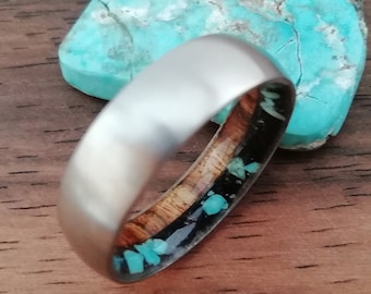 Unique wedding band for men, Alternative wedding ring, Boho engagement ring, Natural stone & wood ring, Titanium ring, Mens wedding band