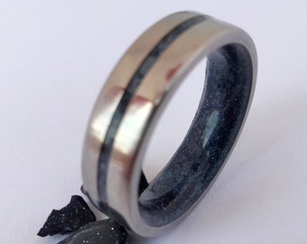 Titanium Wedding Band: Blue Sandstone Nebula Ring, Unisex Beveled Edge