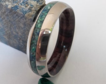 Unique titanium Mens ring, External groove 3mm mix of stones Raw Lapis lazuli, Turquoise stone, Green Malachite, inside exotic cocobolo wood