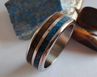 Unique Titanium wedding rings for mens or womens, Tiger eye stone ring, Lapis lazuli stone ring, Round band, Hypoallergenic and stainless