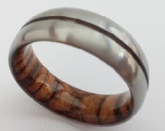Male rings, Silver Titanium ring, Mens wedding band, Wooden rings women, 8mm band, Round band, Bocote wood, Matte finish ring, Anniversary