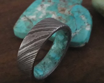 Damascus Steel Men's Wedding Ring with Turquoise Stone Inlay