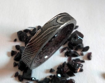 Men's wedding rings, Damascus steel band, Natural garnet stone inside, Gift for mens, Gift for womens, Unique His and hers proposal rings