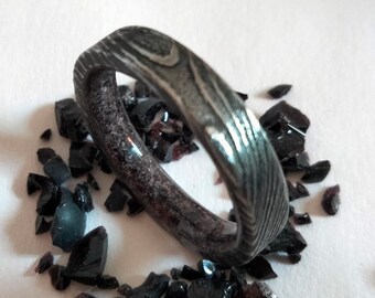 Mens wedding band, Womens wedding rings, Cool Damascus steel Engagement band, Garnet stone rings, His and hers band