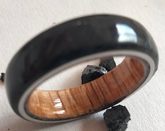 Gift, for mens, Titanium men's ring with black tourmaline stone on the outside and white oak wood on the inside, his and hers wedding band