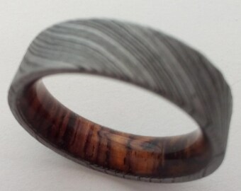 Male wedding ring, Damascus steel ring, Cocobolo wood, 7mm band, Square band, Womens wedding band, Unisex ring, Mens wedding band, Wood ring