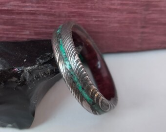 Damascus Steel Ring: Purple Heart Wood, Malachite & Obsidian