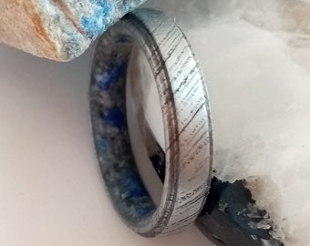 Damascus Steel Mens Ring: Handmade Lapis Lazuli Wedding Band