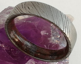 Damascus Steel Ring: Raw Amethyst & Lava Rock Band