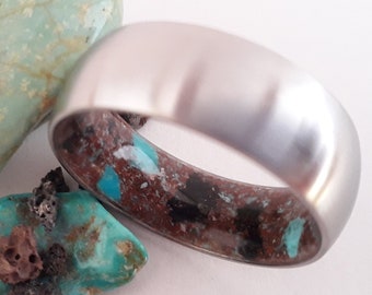 Made to order ring, Unique men's wedding band, Titanium mens band, Mix stone, Turquoise stone, Vocanic rock, Lava stone, 8mm band, Mens band