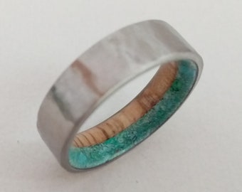 Rough stone ring, Raw stone ring, Turquoise stone, Oak wood, Gay ring, Lesbian ring, His and hers, Titanium wedding band, Square band, 7mm