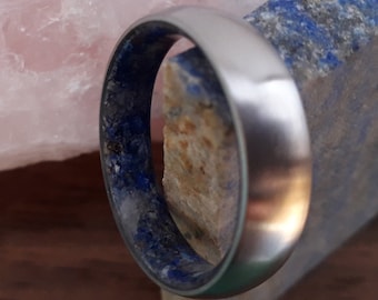 Mens rings, Christmas gift for mens or womens, Cyber week sales, Round titanium band, Matte finish, Lapis lazuli stones and Rose cuarz stone