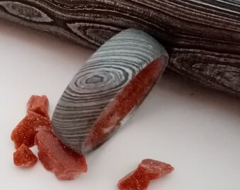 Handmade Goldstone Damascus Steel Wedding Band
