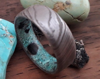 Damascus Steel Ring: Turquoise & Black Tourmaline, Beveled Band