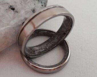 Hipoallergenic rings, Two rings, Titanium Wedding bands, Unique Engagement bands,  Raw Moonstone, Promise bands, Anniversary gift, 7mm - 4mm