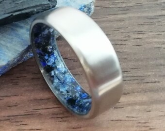 Women wedding band, Anniversary gift ring, Engagement band, Ring men, Titanium band, Beveled edges band, Black Toumaline, Lapis lazuli stone