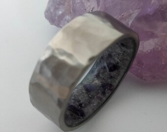 Mens ring, Mens wedding band, Male jewelry, February birthstone, Womens Amethyst ring, Hammered band, Rustic rings, His and hers Promise