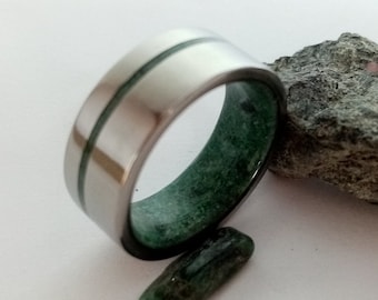 Titanium Emerald Ring: Raw Stone Wedding Band, His and Hers