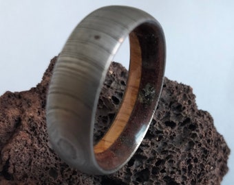 Unique mens wedding band, Womens rings, Damascus steel band jewelry for mens, Whiskey barrel wood, Volcanic rock and Obsidian stone