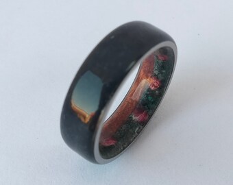 Tourmaline stone outside, Emerald stone, Natural Coral and Secuoya wood inside of the ring, Unique wedding band, Womens rings, Mens rings