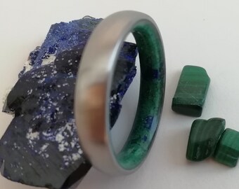 Raw stone ring, Azurite ring, Malachite ring, Blue stone, Green stone, Gemstone ring, Titanium band, Men's ring, Womens ring, His and hers