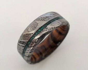 Handmade Damascus Steel Ring: Malachite & Bocote Wood Inlay, 7mm
