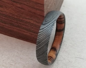 Damascus steel band, Bocote wood, 5mm, Womens Damascus ring, Wood ring, Mens wedding ring, His and hers band, Damascus ring, Unisex ring