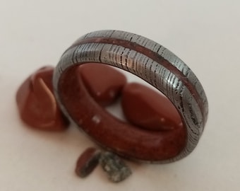 Handmade Damascus Steel Bloodstone Ring: Raw Stone Band