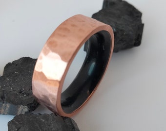 Hammered Copper Wedding Ring Set: Raw Black Tourmaline Crystal, Boho Promise Rings