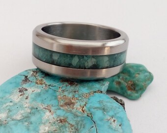 Raw Turquoise Titanium Ring: Boho Promise Wedding Band