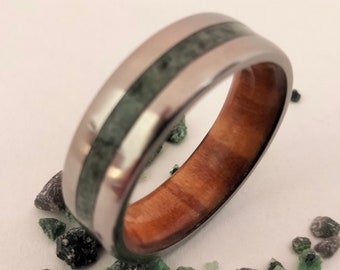 Emerald Olive Wood Titanium Ring: Boho Wedding Band