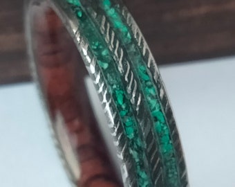 Man wedding band, Raw stone ring, Wedding ring, Damascus steel ring, Malachite stone, Cocobolo wood, 5mm band, His and hers ring, Unisex