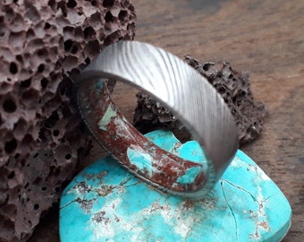 Christmas gift, Unique mens wedding band, Womens anniversary band, Damascus steel ring, Mix Lava rock and Turquoise stone, Raw stone ring