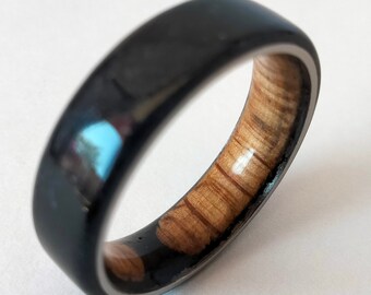 Whiskey barrel wood ring, Black Tourmaline rings, Titanium bans, His and hers ring, Personalized wedding band, Unique unisex gift, Rings