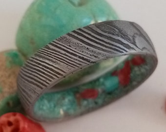 Damascus Steel Ring: Red Coral & Turquoise Inlay, Handmade Band