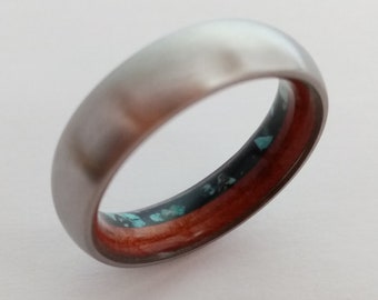 California Redwood, Turmaline, Turquoise, Titanium wedding band, His and hers ring, Raw stone, Unique rings, Mens wedding band, Wooden rings