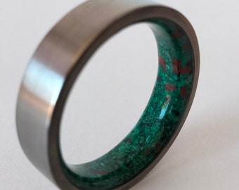 Titanium Wedding Band: Raw Malachite & Red Jasper Stone Ring