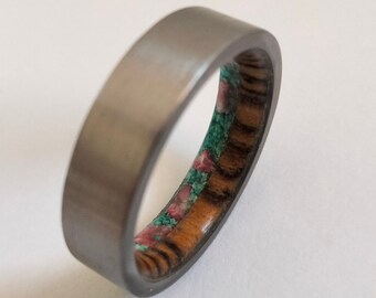 Bocote wood, Red Coral, Turquoise, Square, Titanium wedding band, His and hers ring, Raw stone, Unique ring, Mens wedding band, Wooden rings