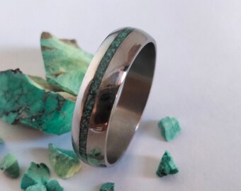 Womens wedding rings, December Birthstone Ring raw Turquoise stone, Round Titanium Band with Shiny Finish