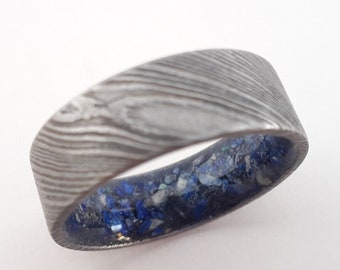Damascus steel ring, Promise band, Mens engagement ring, Blue Lapis lazuli stone