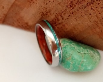 Turquoise raw stone, Redwood ring, Titanium wedding band, Engagement ring, Mens wedding band, Women wedding band, His and her ring, Man ring