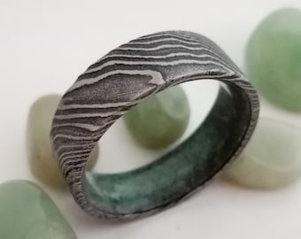 Mens Damascus Steel & Raw Jade Ring: Boho Wedding Band, Handmade