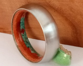 Red Coral ring, Mosaic stone ring, Woman wedding ring, Lesbian ring, Titanium band, Raw Turquoise stone, Red wood, Secuoya wood, Unisex ring